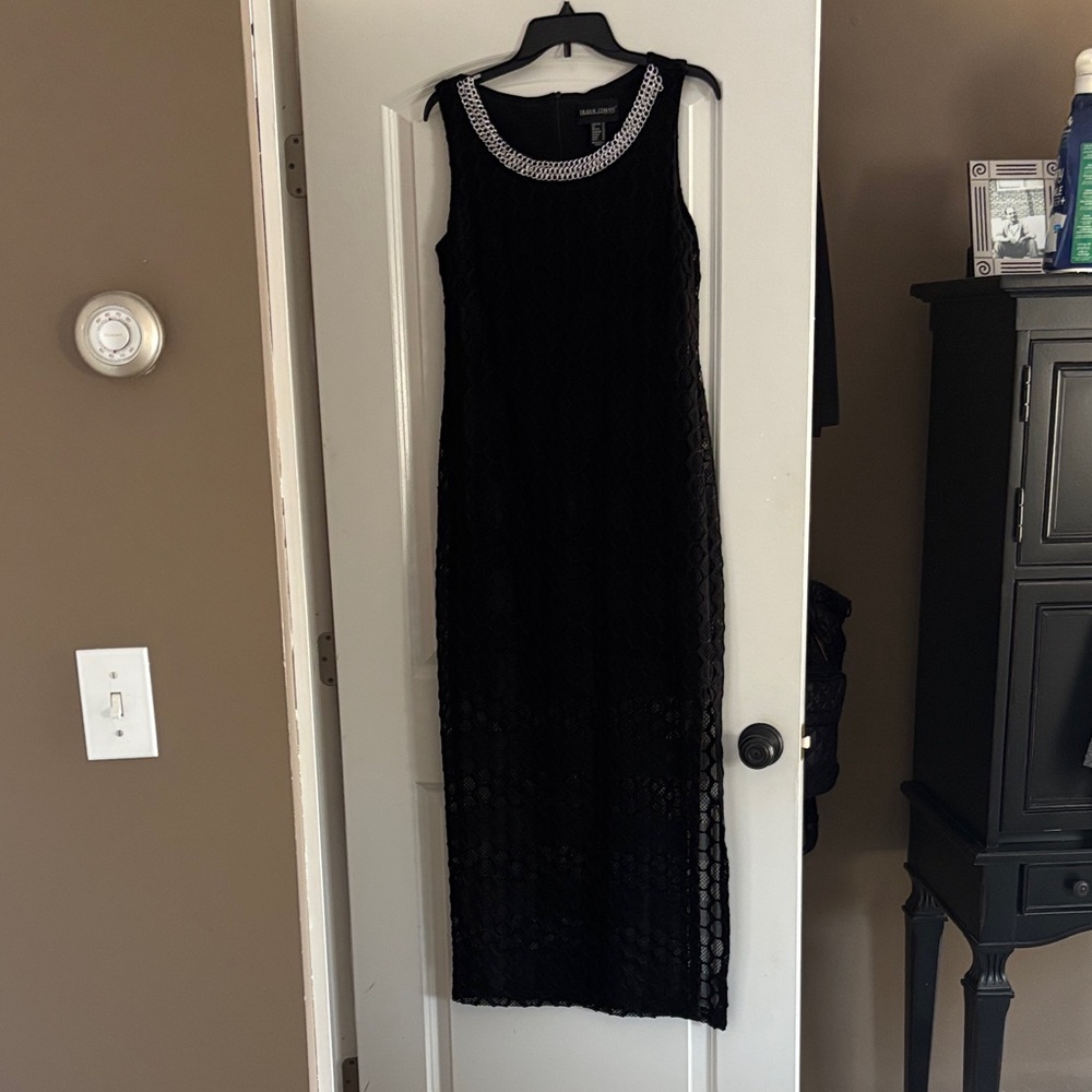 Frank Lyman Design Black Maxi Dress with Silver Beaded Neckline Trim